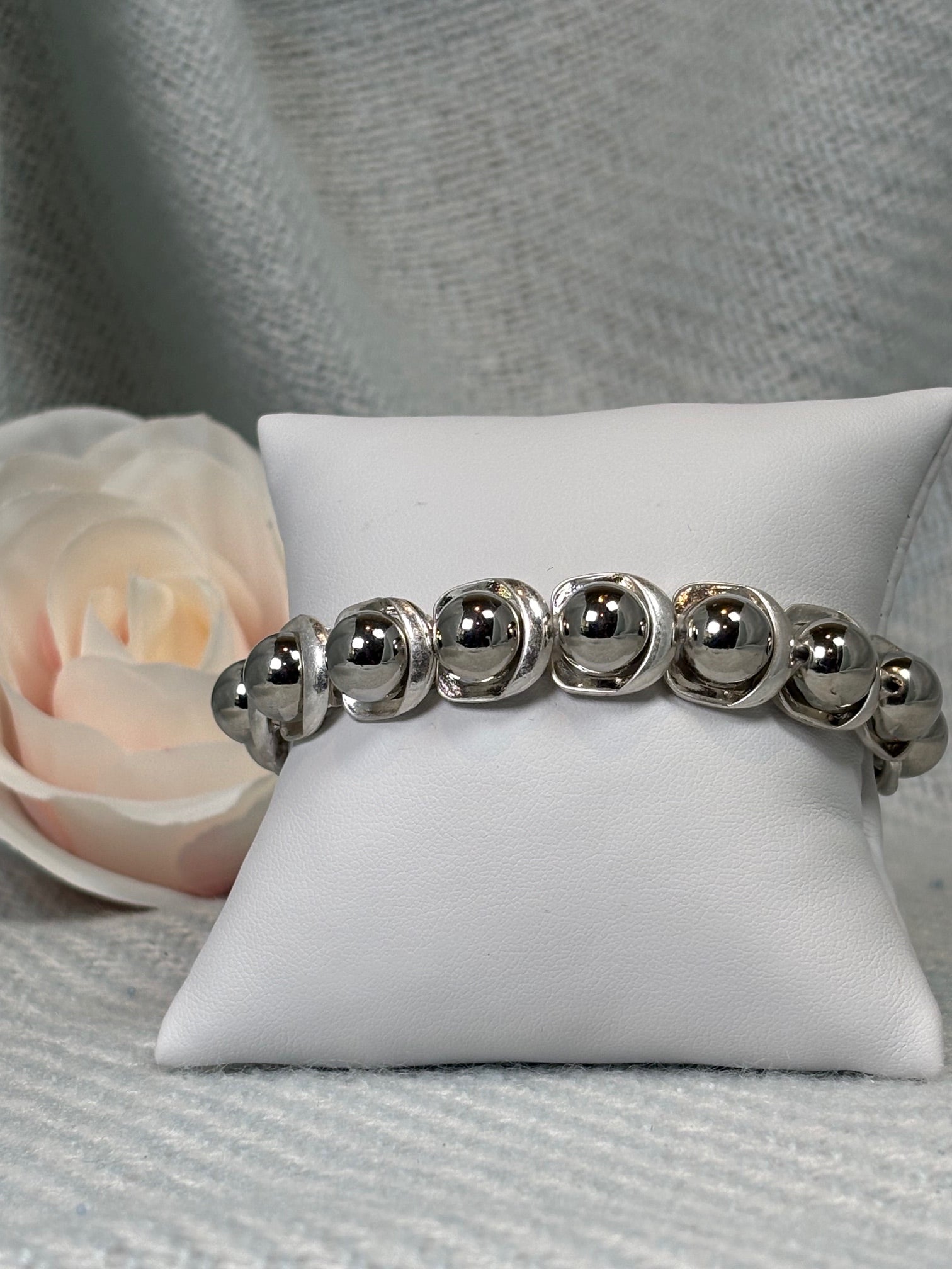 Silver Ball with Silver Surround Stretch Bracelet