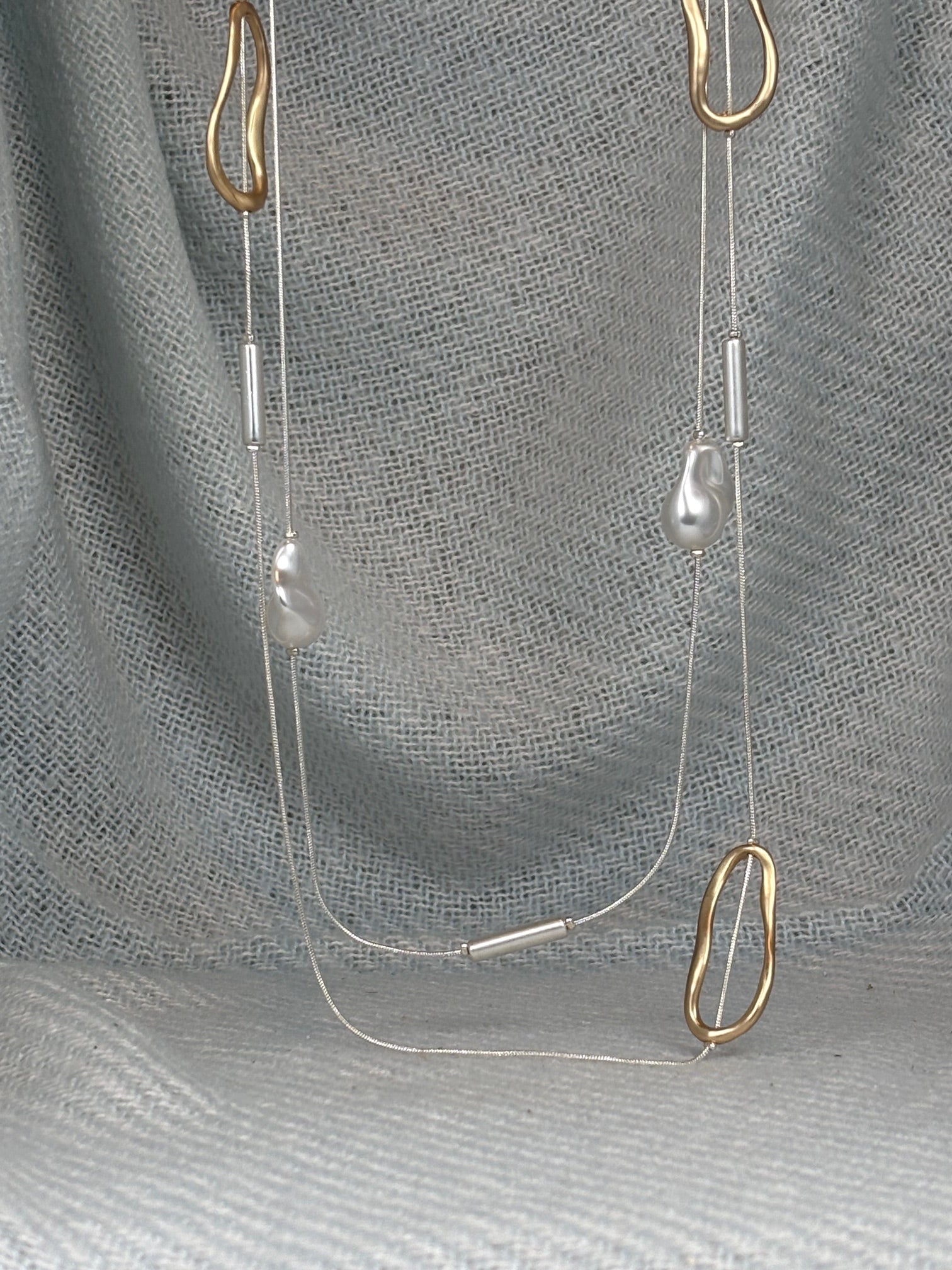 Gold Oval and Chunky Pearl Silver Double Strand Long Necklace