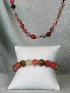 Pink and Brown Semi Precious Stone Necklace with Matching Stretch Bracelet Set