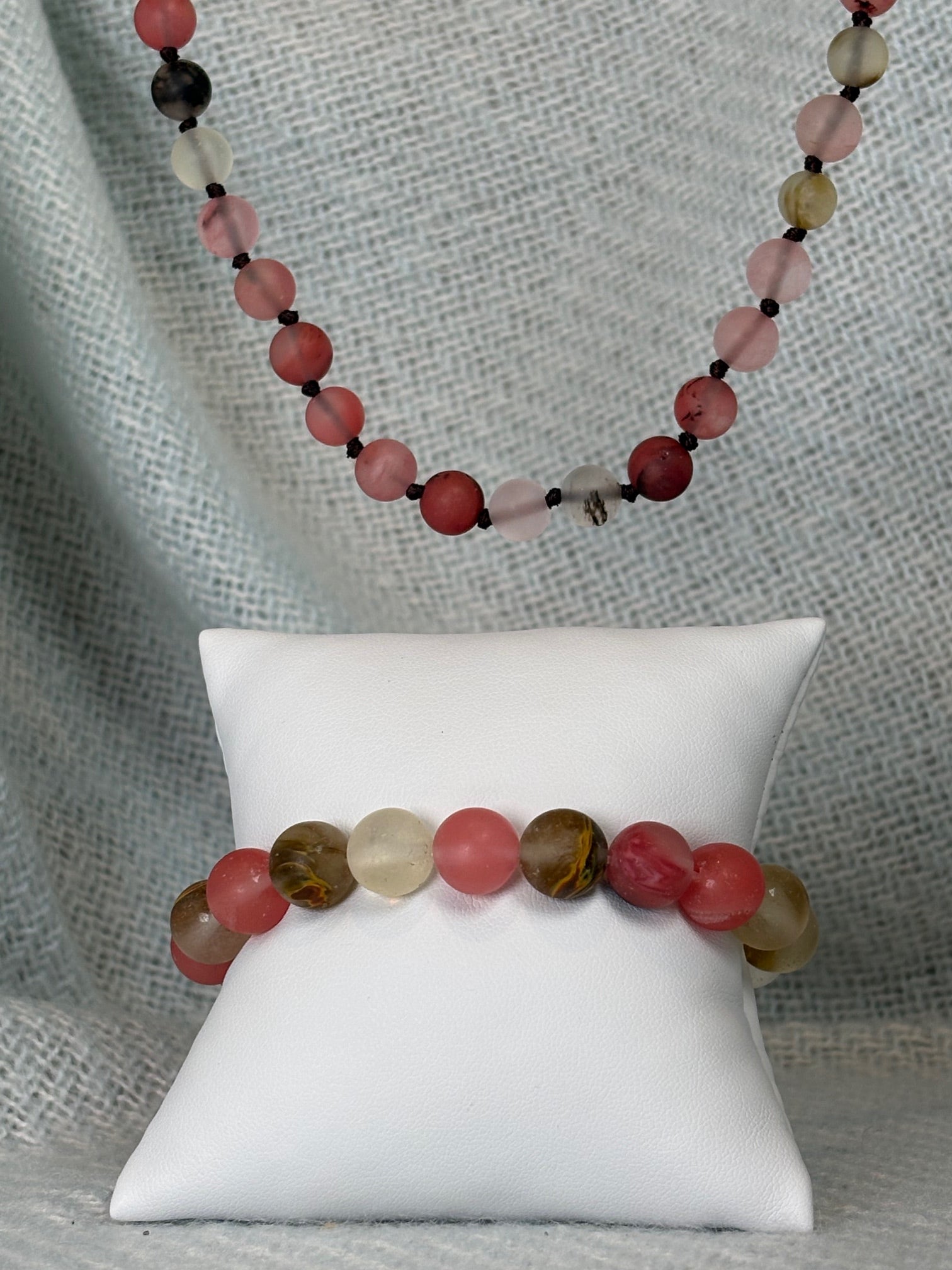 Pink and Brown Semi Precious Stone Necklace with Matching Stretch Bracelet Set