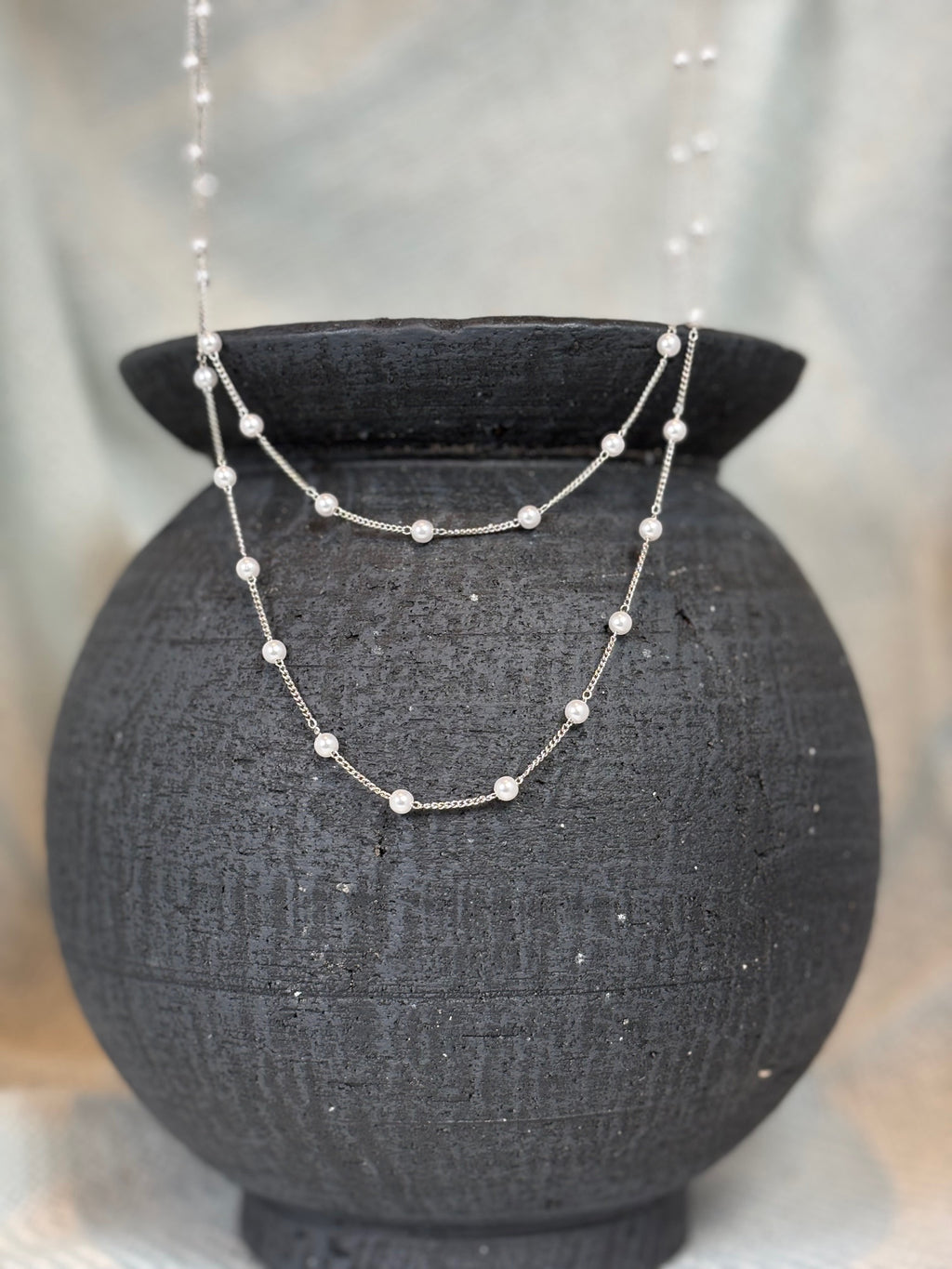 Small Pearl with Silver Chain Long Necklace