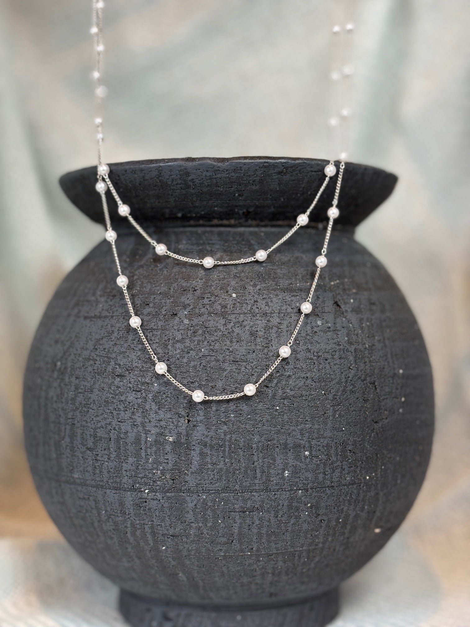 Small Pearl with Silver Chain Long Necklace
