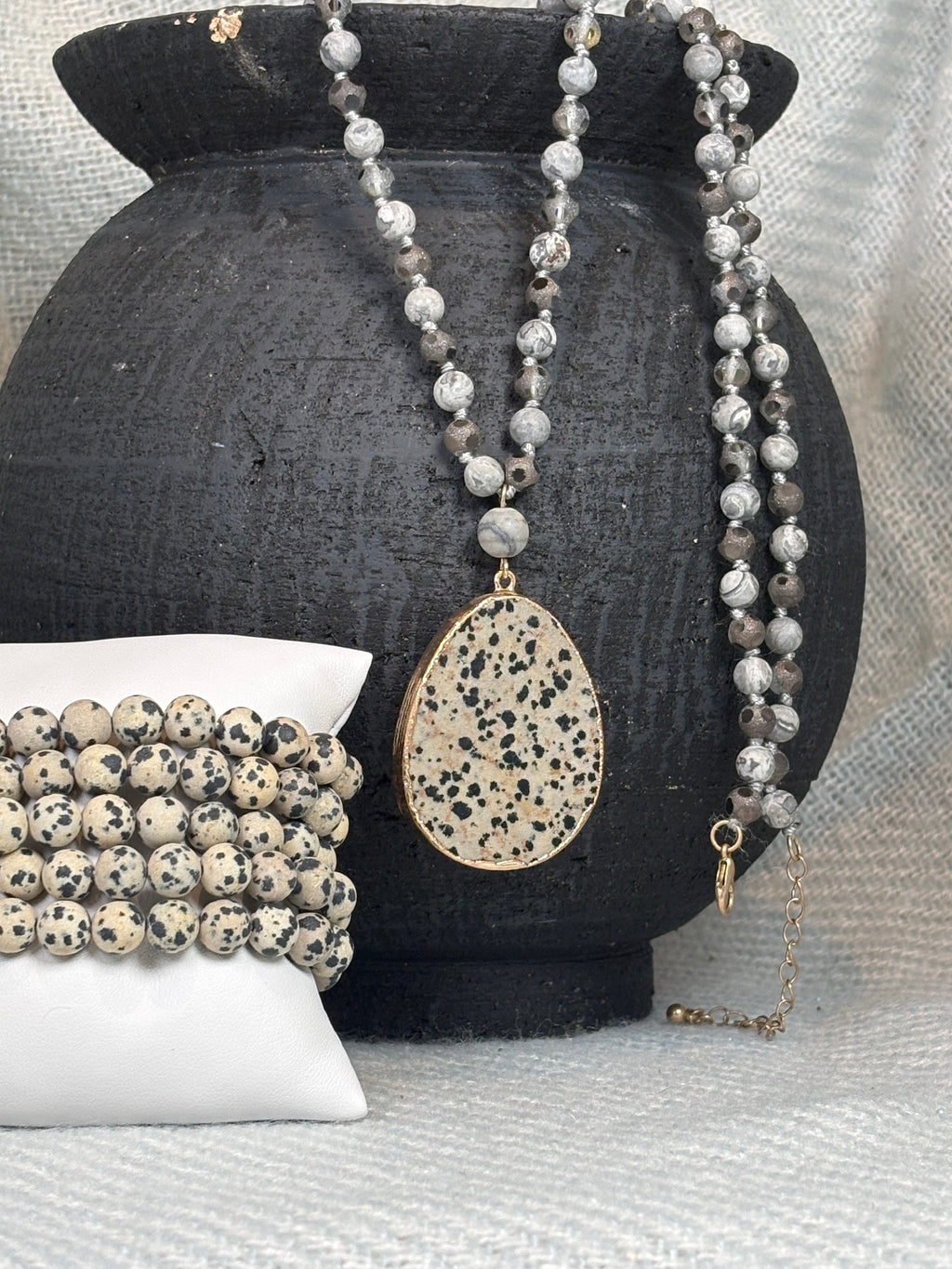 Dalmation Pendant with Stone Bead Necklace