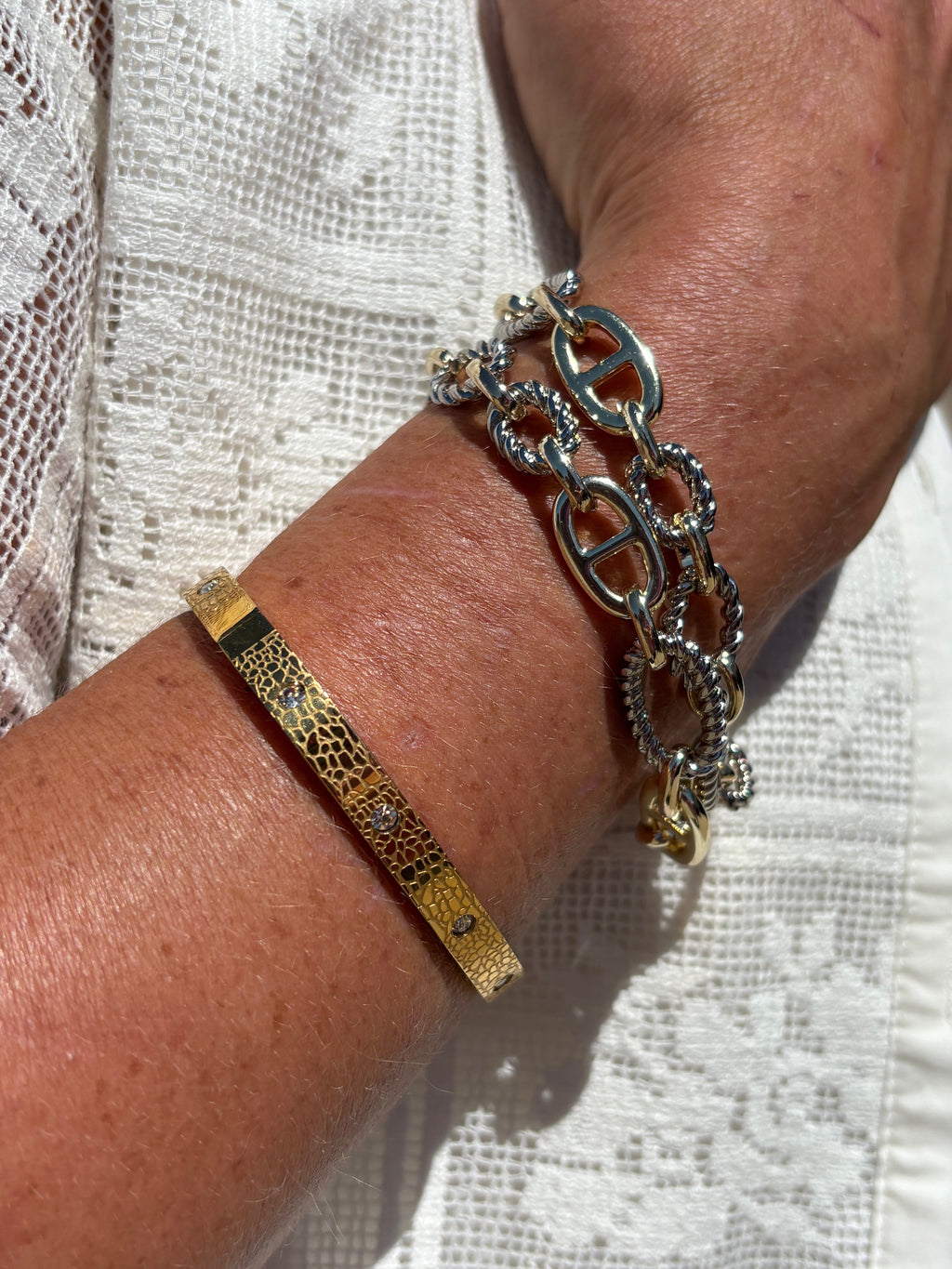 Magnetic Clasp Gold Mariner Link with Silver Accent Links Double Strand Bracelet