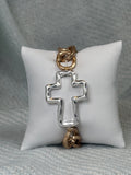 Hammered Silver Cross with Gold Link Chain Stretch Bracelet