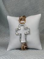 Hammered Silver Cross with Gold Link Chain Stretch Bracelet