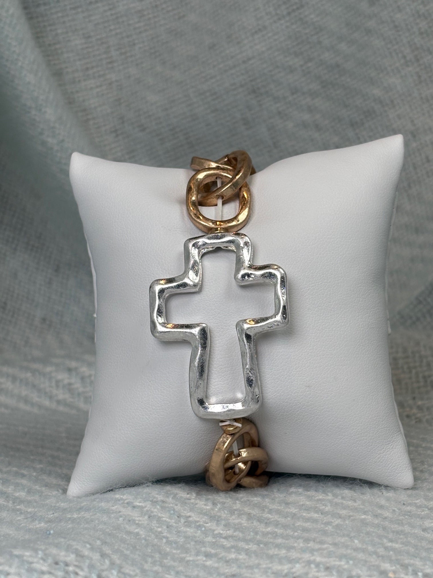 Hammered Silver Cross with Gold Link Chain Stretch Bracelet