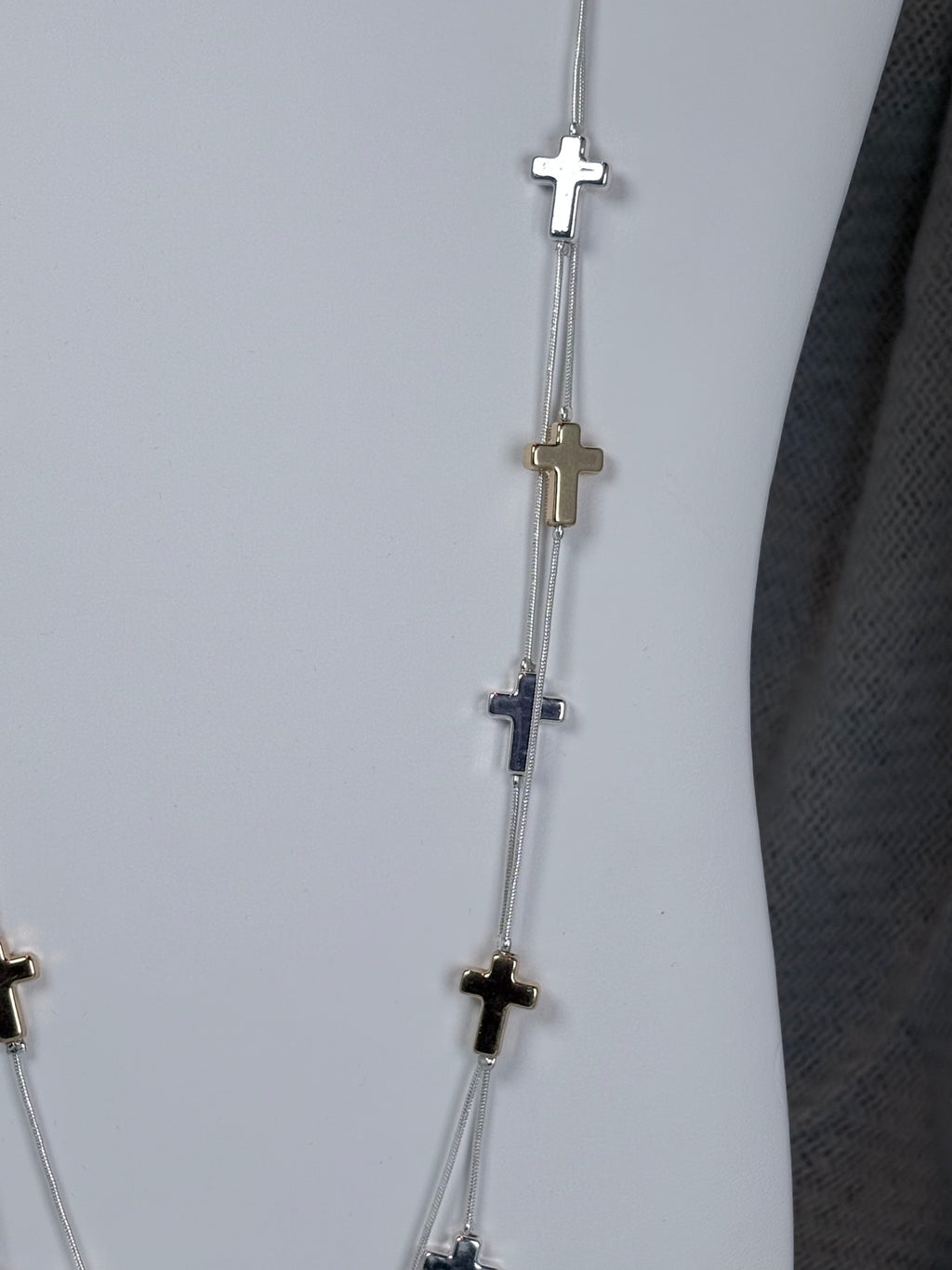 Gold and Silver Cross on Silver Double Strand Long Necklace