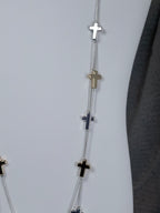 Gold and Silver Cross on Silver Double Strand Long Necklace