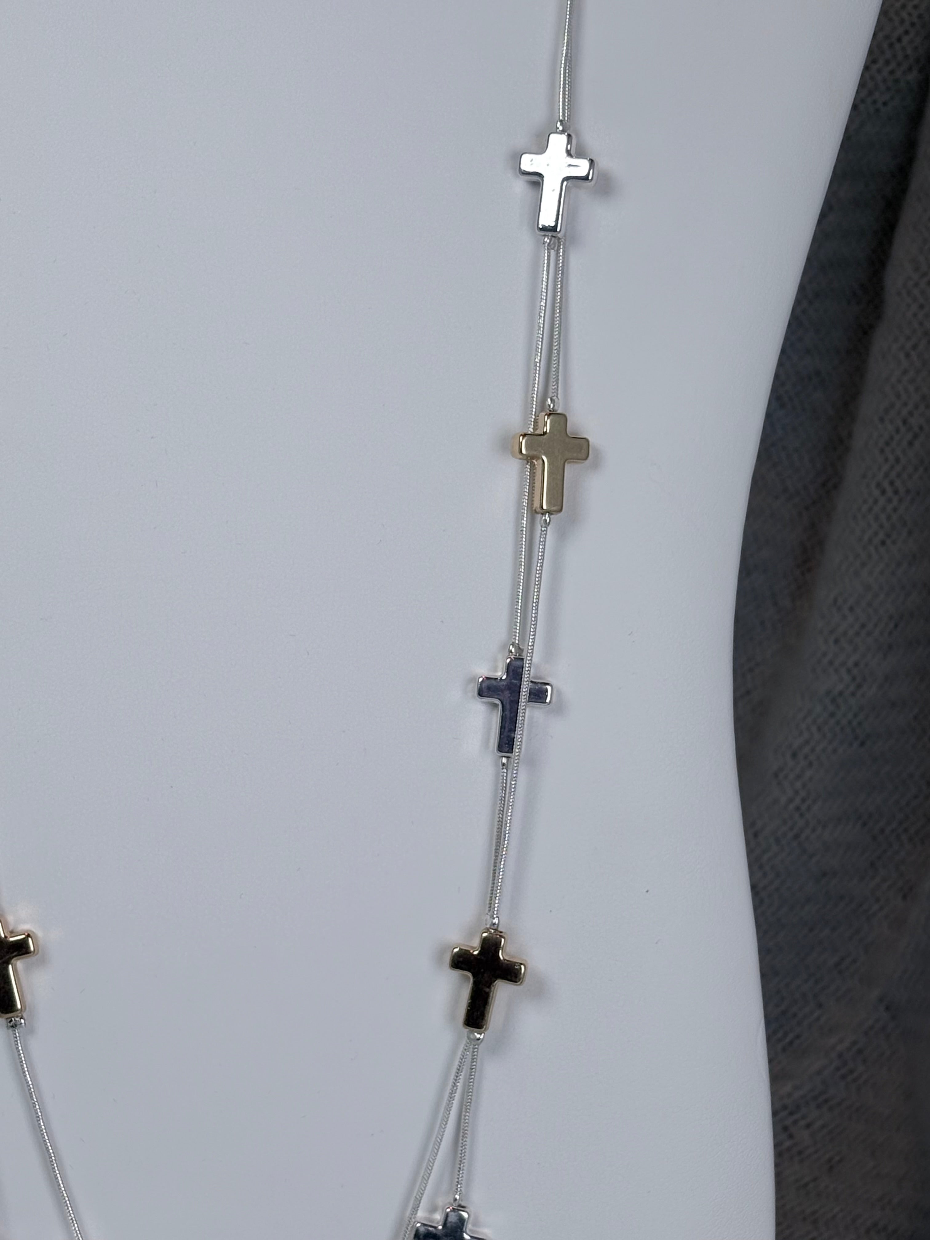Gold and Silver Cross on Silver Double Strand Long Necklace