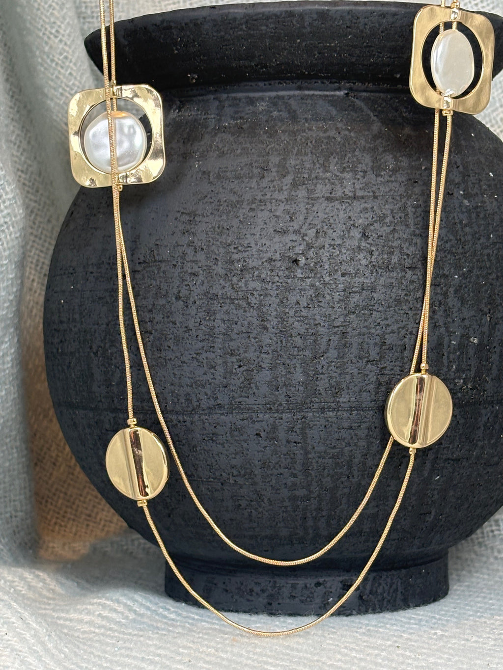 Gold Circle and Square with Flat Pearl and Gold Double Strand Long Necklace