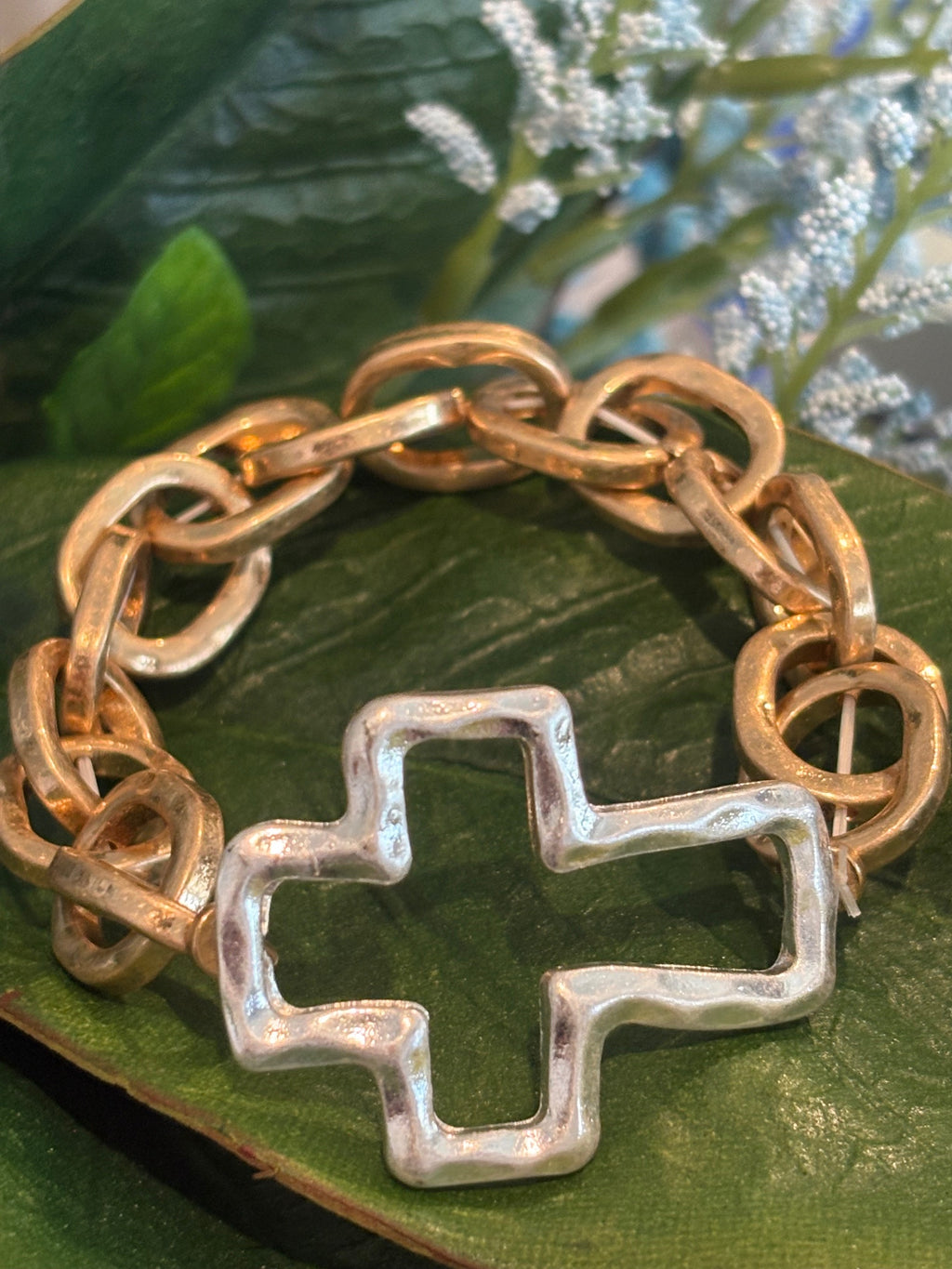Hammered Silver Cross with Gold Link Chain Stretch Bracelet