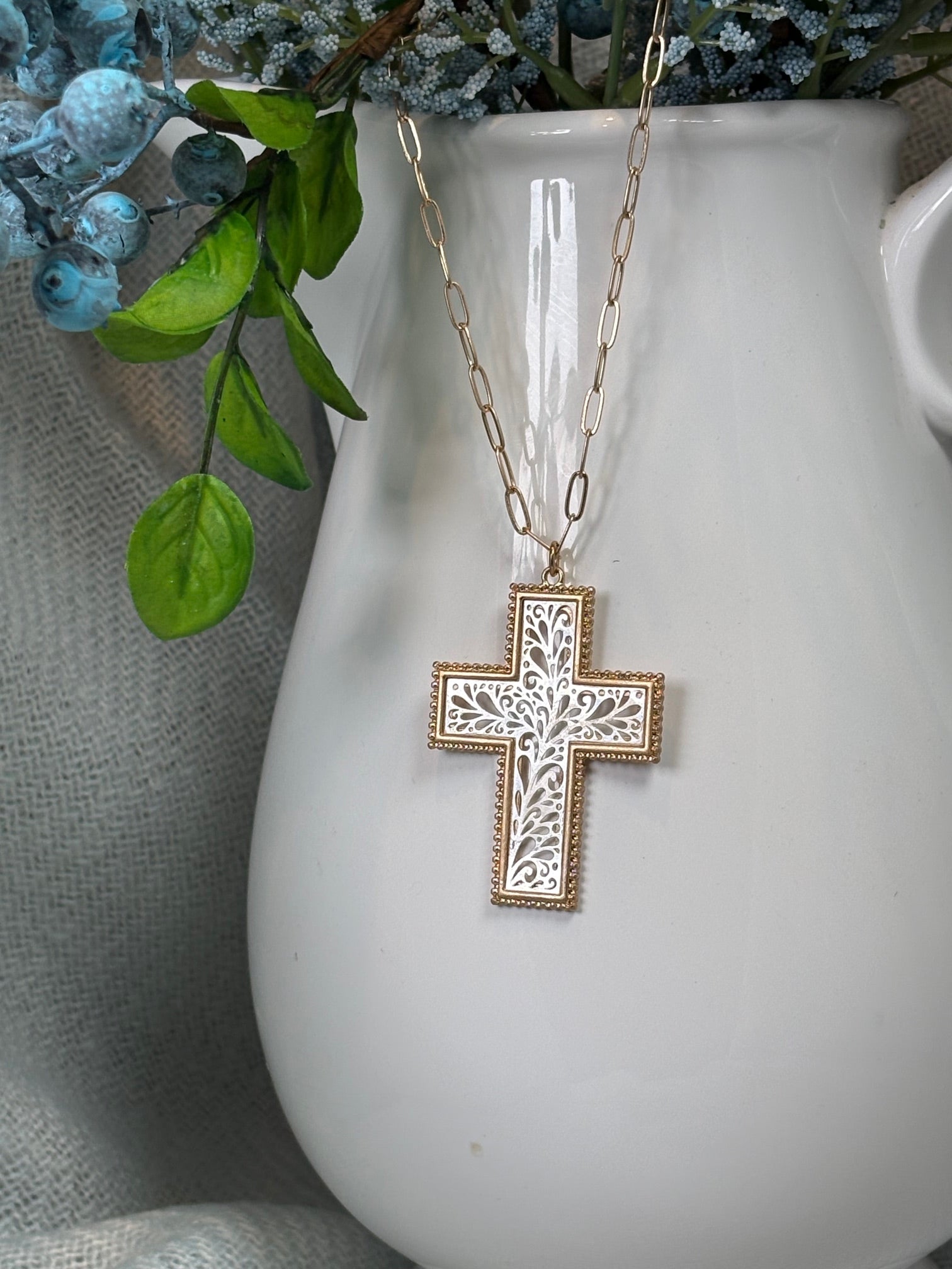 Gold with Silver Filagree Cross Necklace