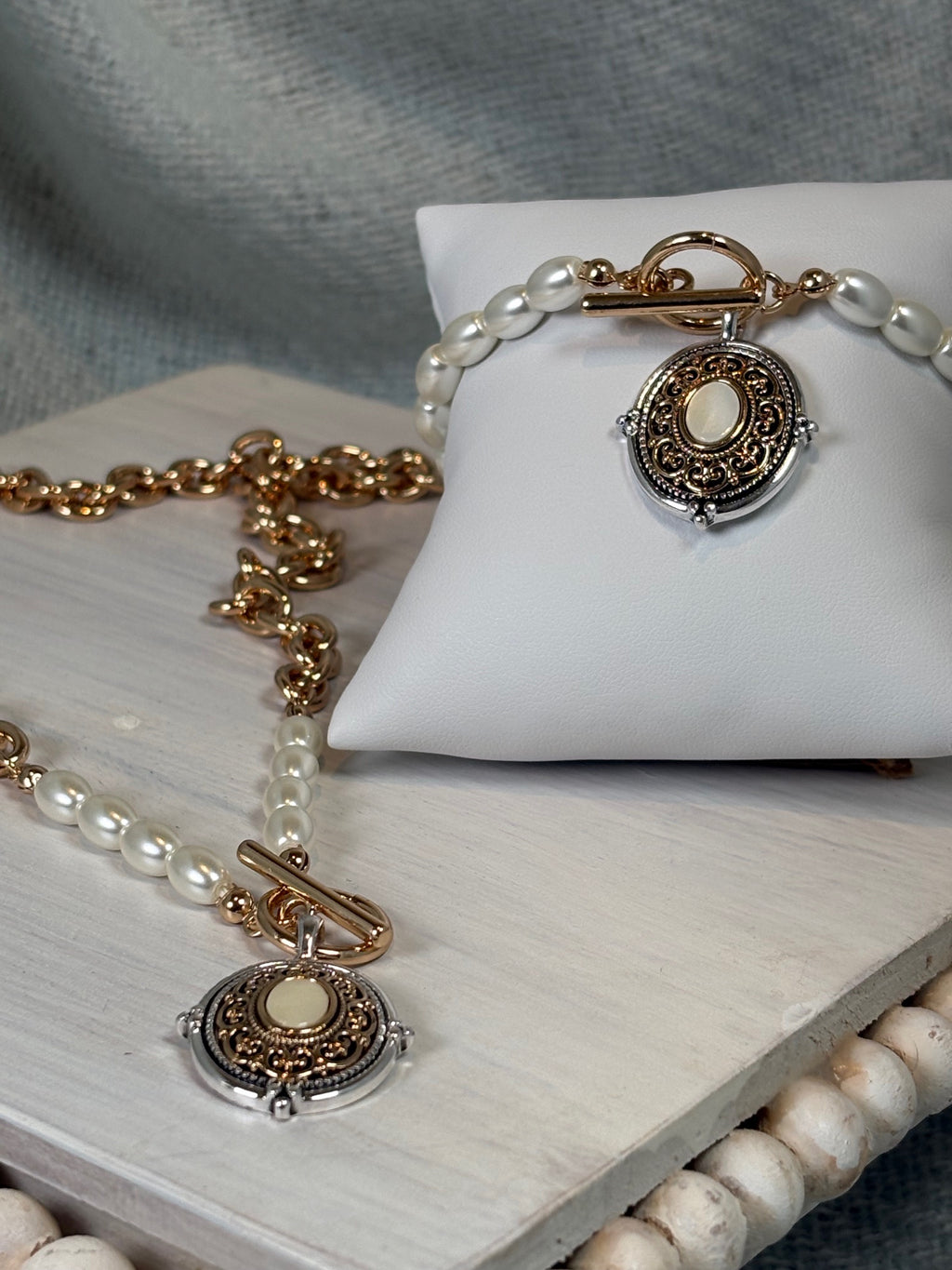 Designer Inspired Medallion with Opal and Pearl Bracelet