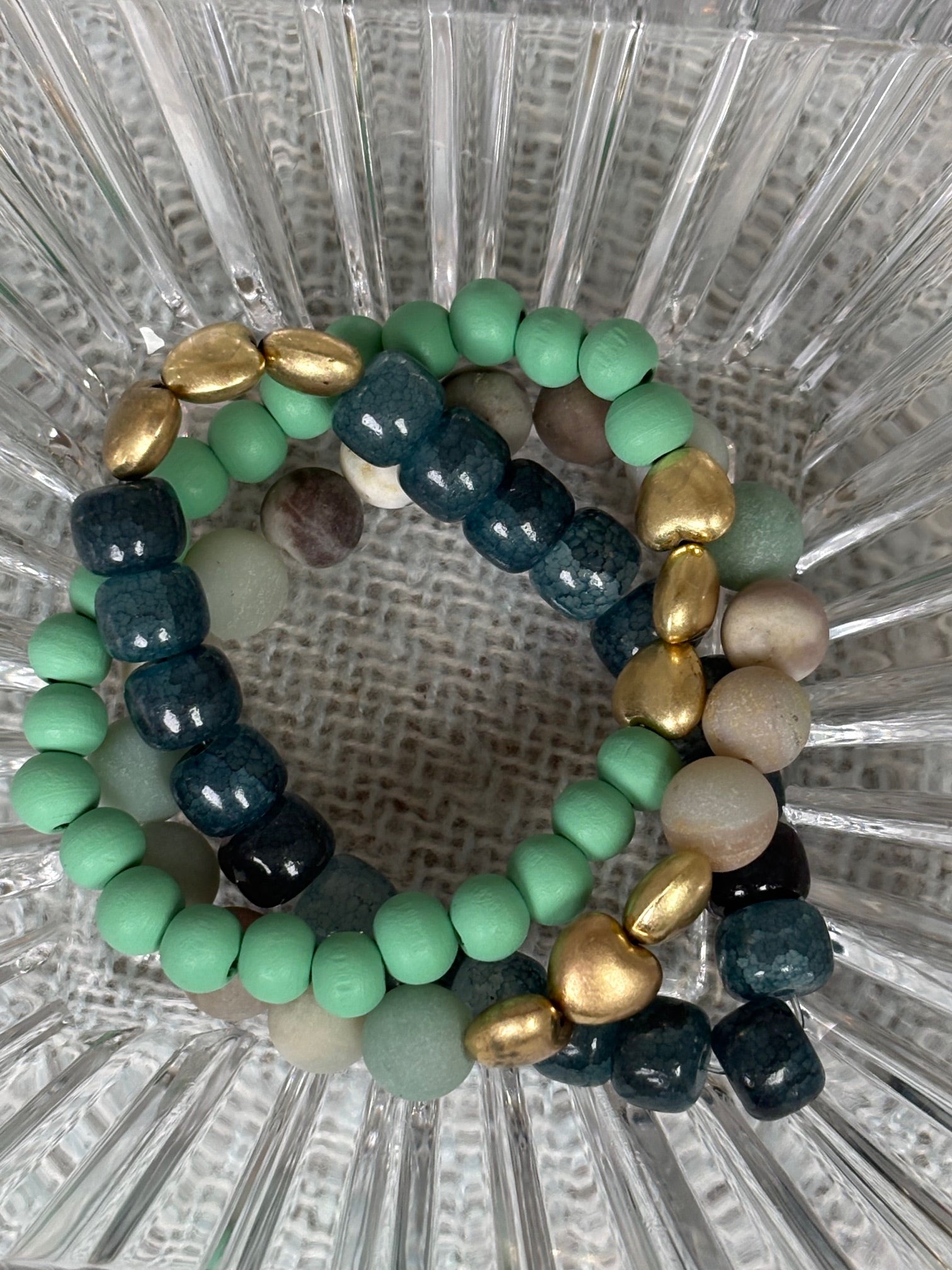 Tri-heart Green Stretchy Bracelet Set