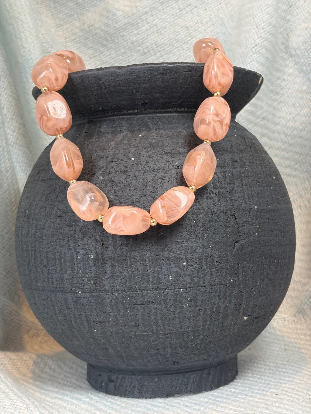 Creamy Pink Stone with Gold Beads Necklace