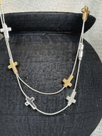 Gold and Silver Cross on Silver Double Strand Long Necklace