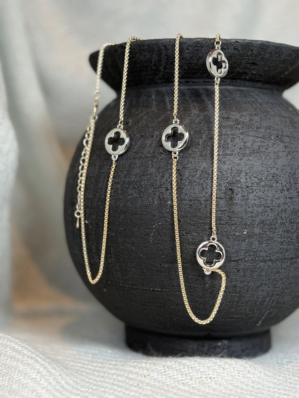 Designer Inspired Silver Clover with Gold Chain Necklace