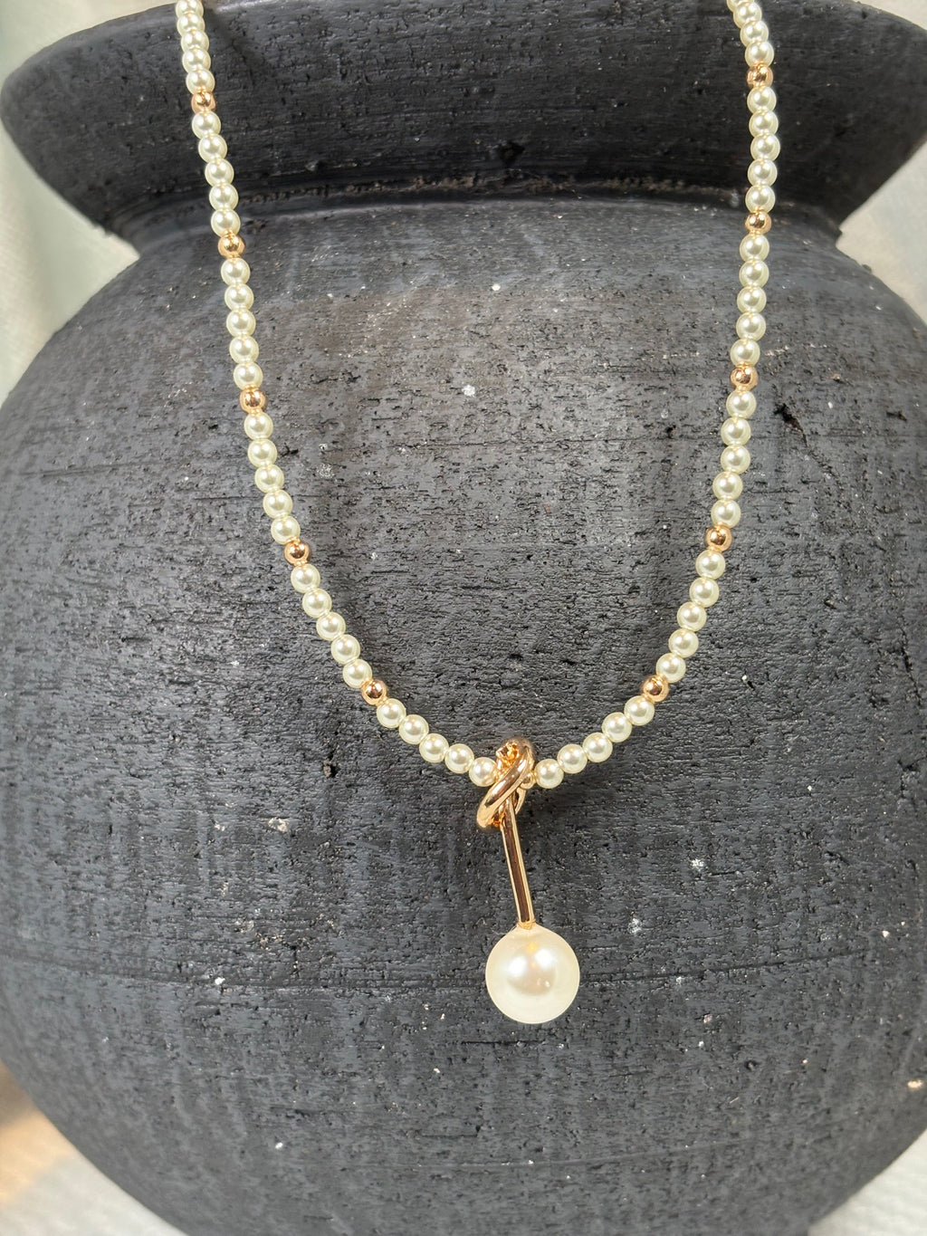 Pearl and Gold Beads Necklace with Gold Knot and Pearl Pendant