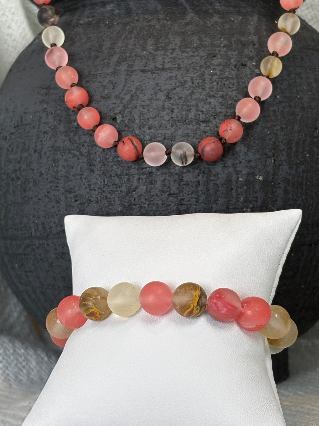 Pink and Brown Semi Precious Stone Necklace with Matching Stretch Bracelet Set