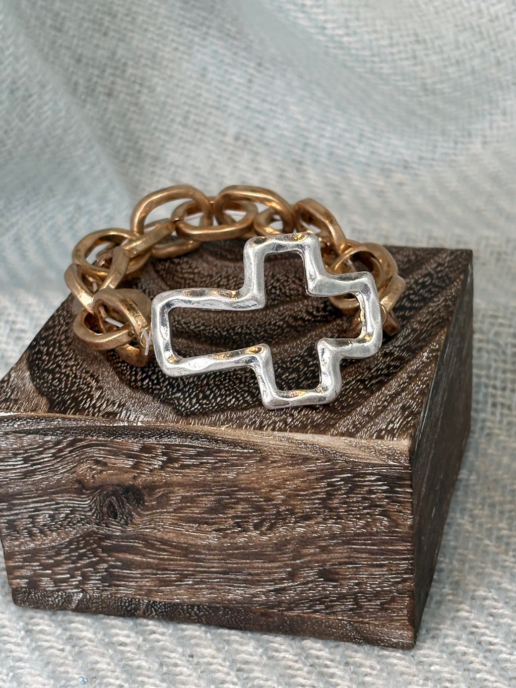 Hammered Silver Cross with Gold Link Chain Stretch Bracelet