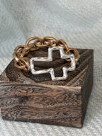 Hammered Silver Cross with Gold Link Chain Stretch Bracelet
