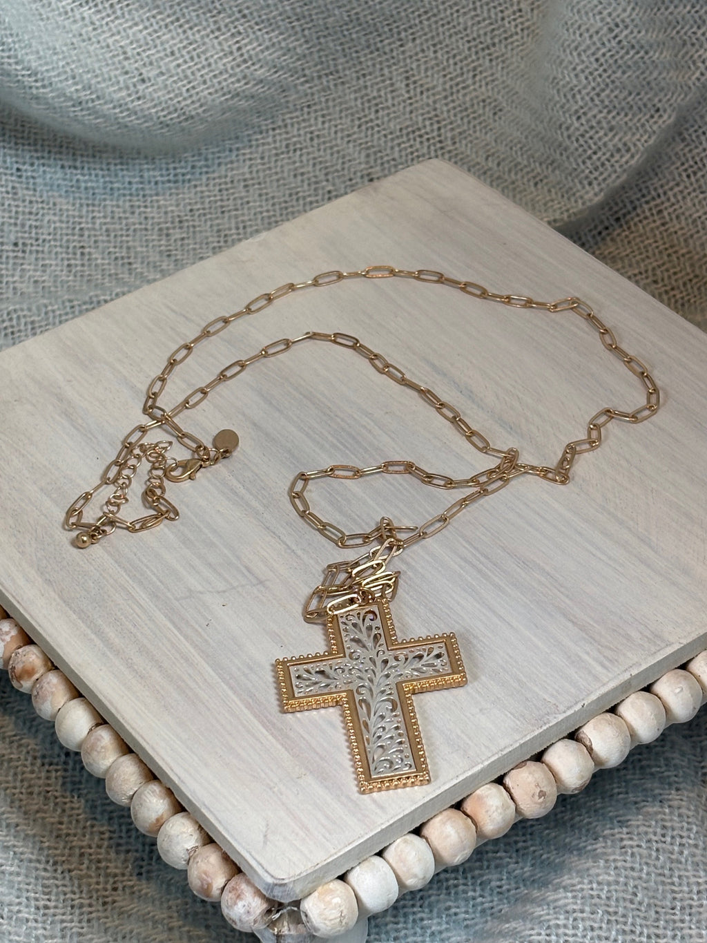 Gold with Silver Filagree Cross Necklace