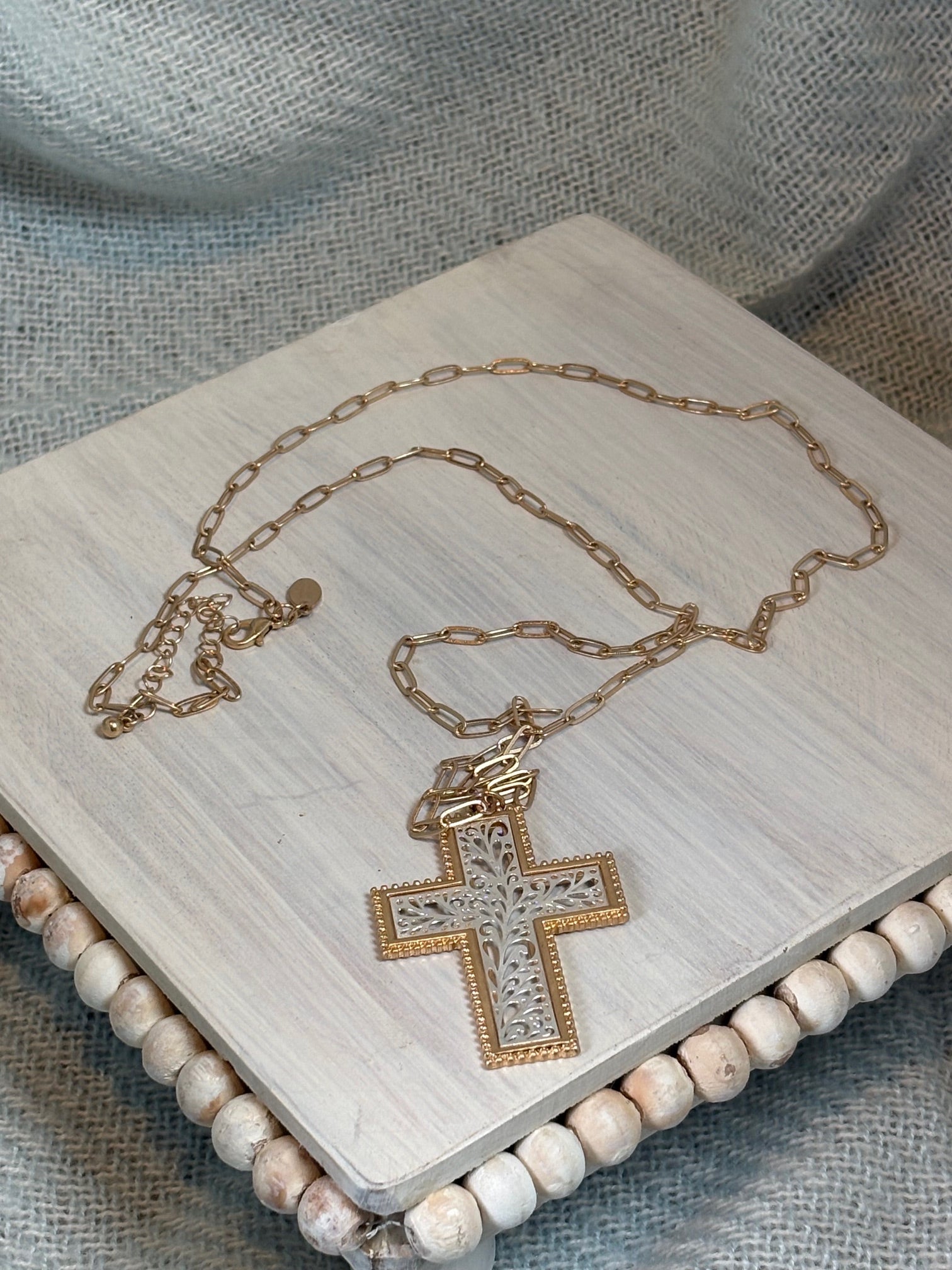 Gold with Silver Filagree Cross Necklace