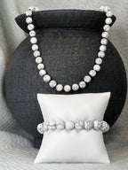 White Marbled Semi Precious Stone Necklace with Matching Stretch Bracelet Set