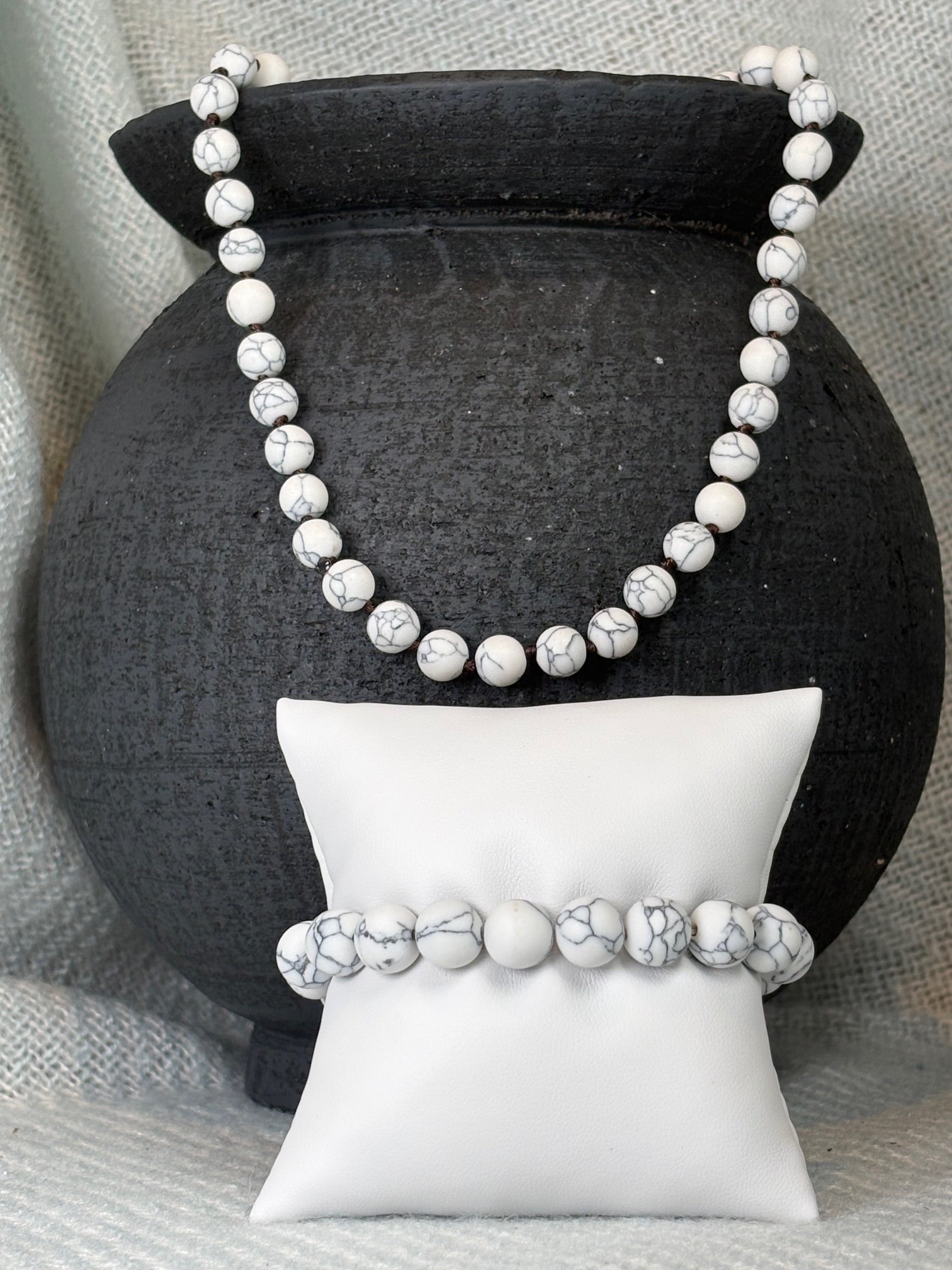 White Marbled Semi Precious Stone Necklace with Matching Stretch Bracelet Set