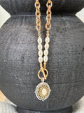 Designer Inspired Medallion with Opal and Pearl Necklace
