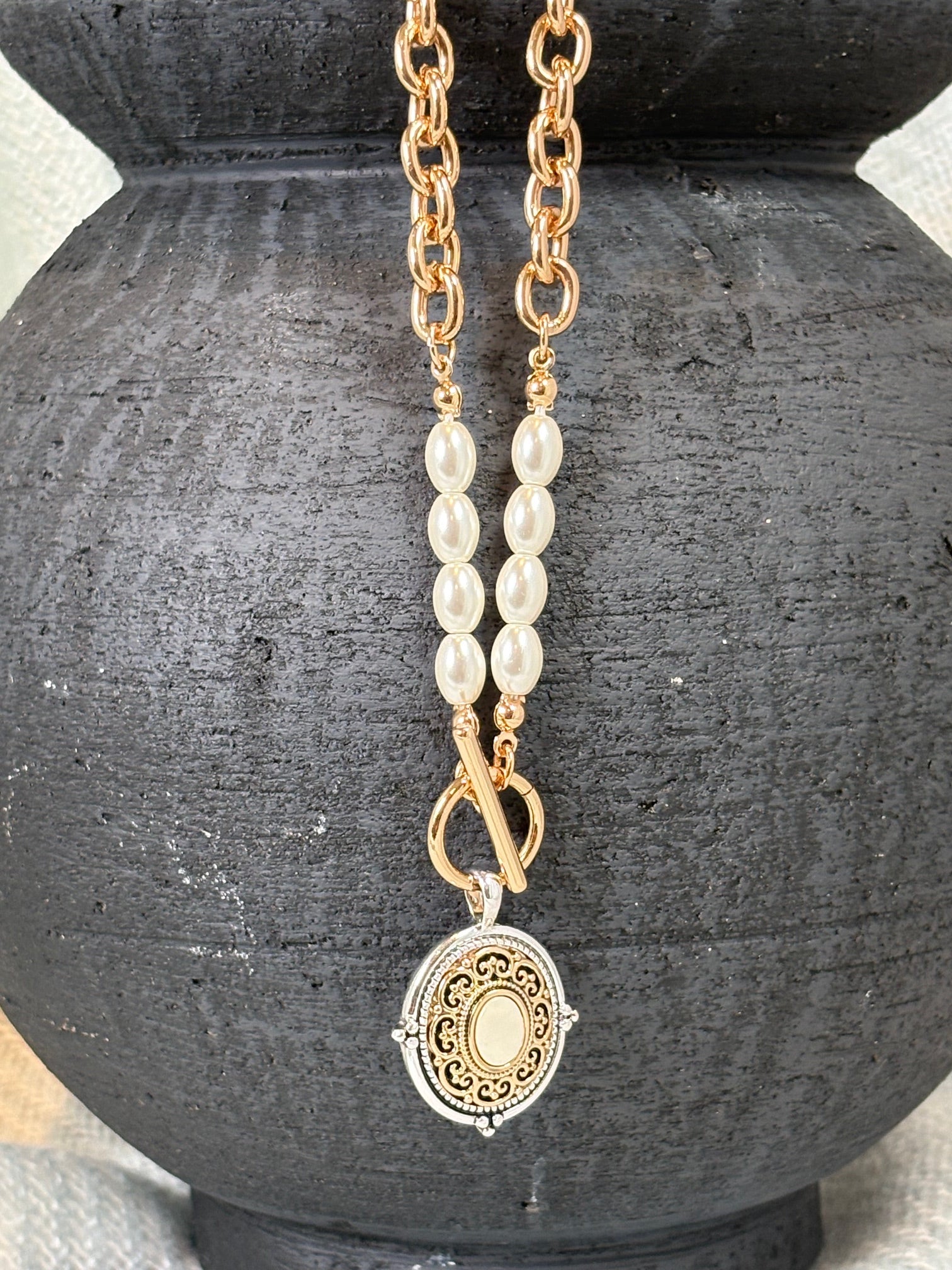 Designer Inspired Medallion with Opal and Pearl Necklace