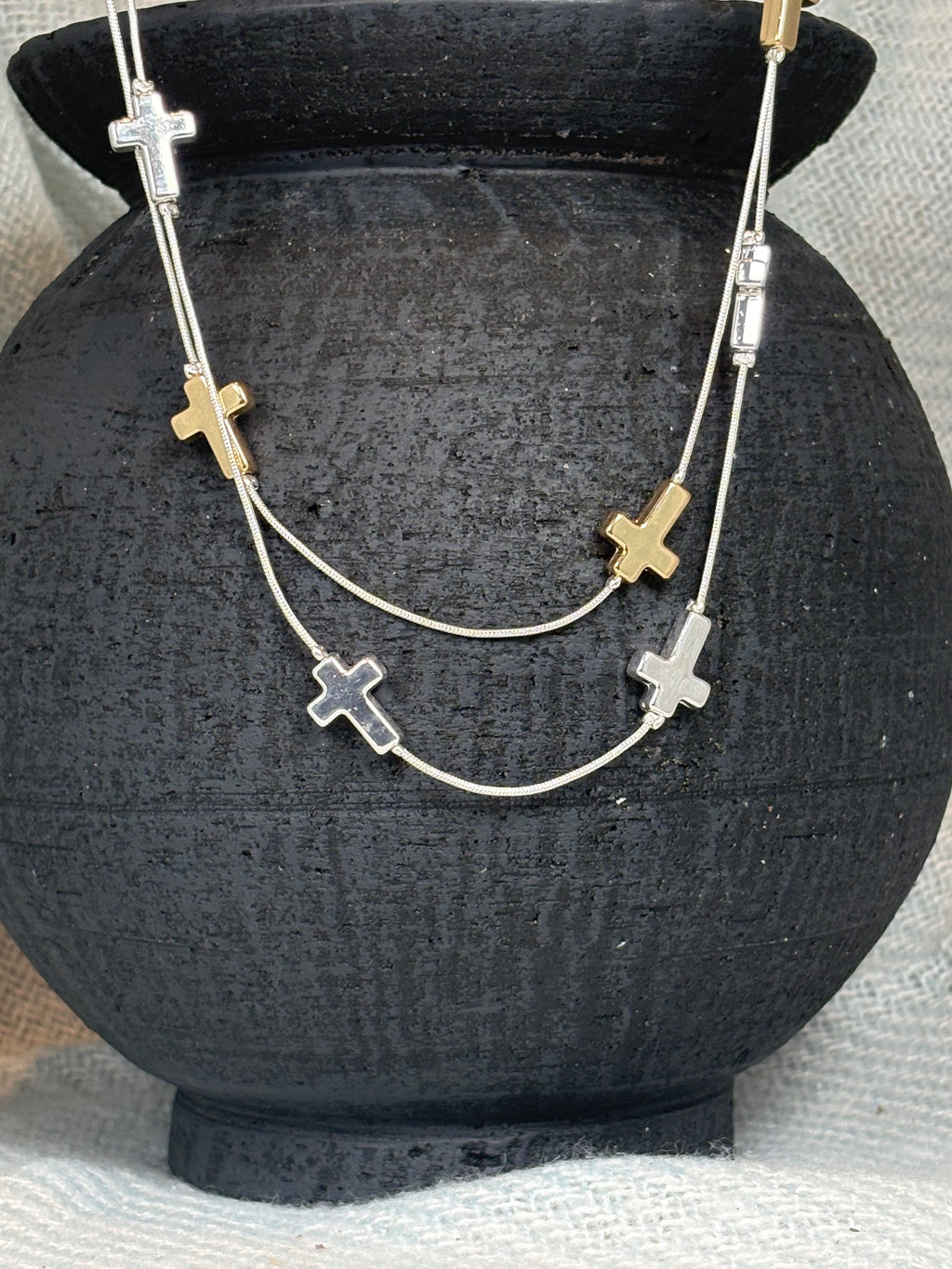 Gold and Silver Cross on Silver Double Strand Long Necklace