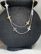 Gold and Silver Cross on Silver Double Strand Long Necklace