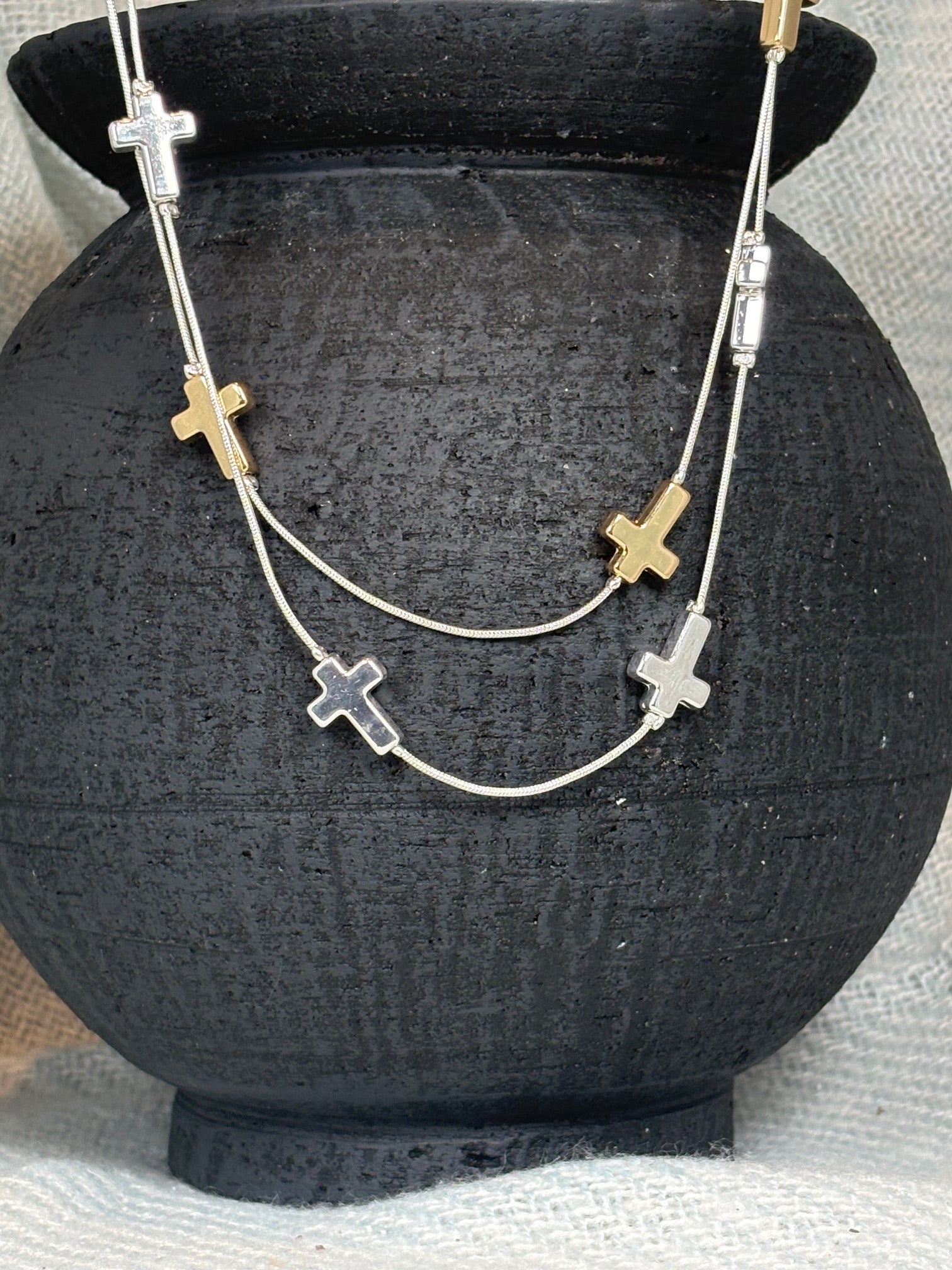 Gold and Silver Cross on Silver Double Strand Long Necklace