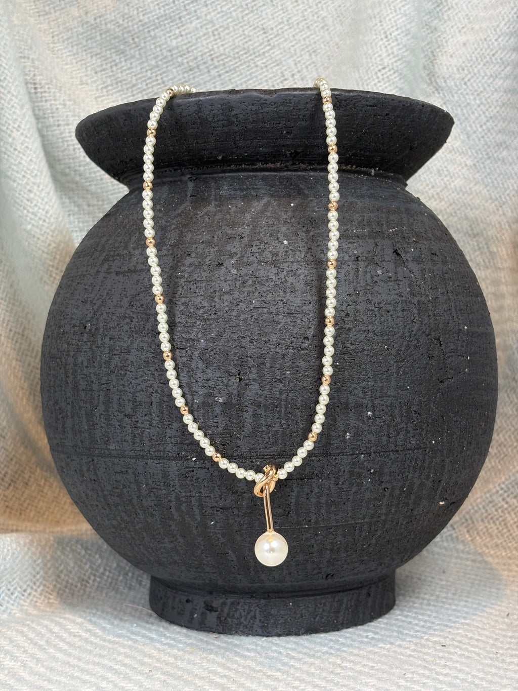 Pearl and Gold Beads Necklace with Gold Knot and Pearl Pendant