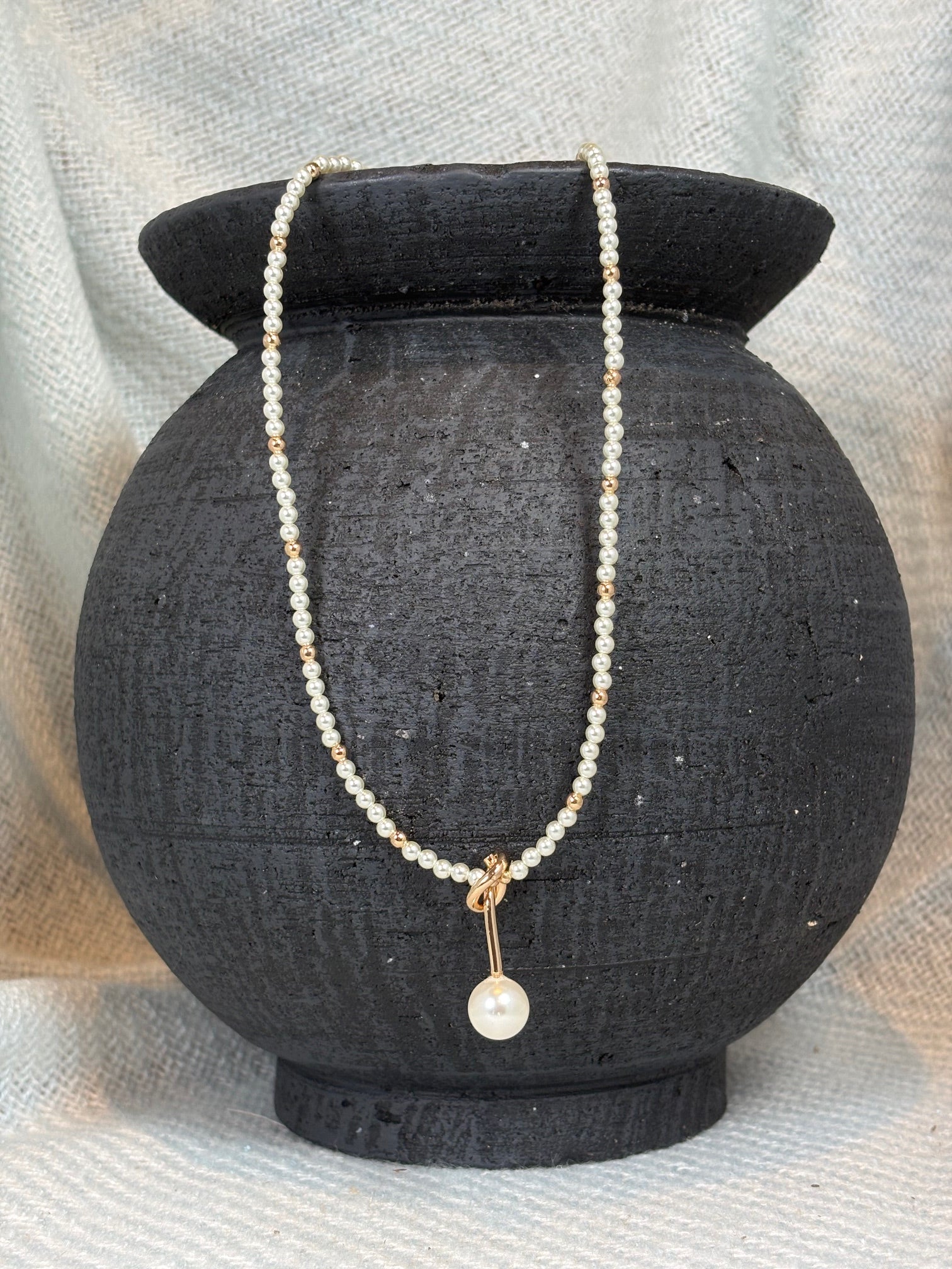 Pearl and Gold Beads Necklace with Gold Knot and Pearl Pendant