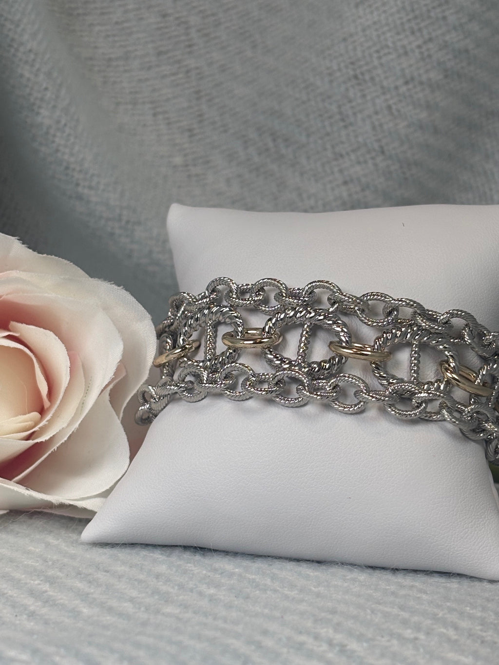 Magnetic Clasp Silver Mariner Link with Silver Accent Links Triple Strand Bracelet
