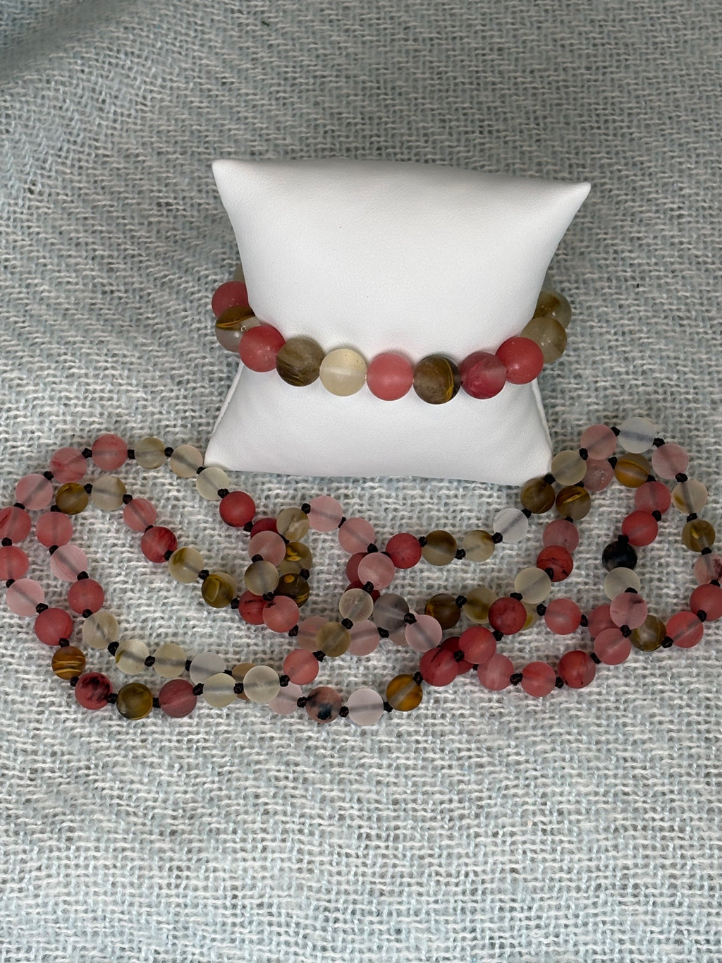 Pink and Brown Semi Precious Stone Necklace with Matching Stretch Bracelet Set