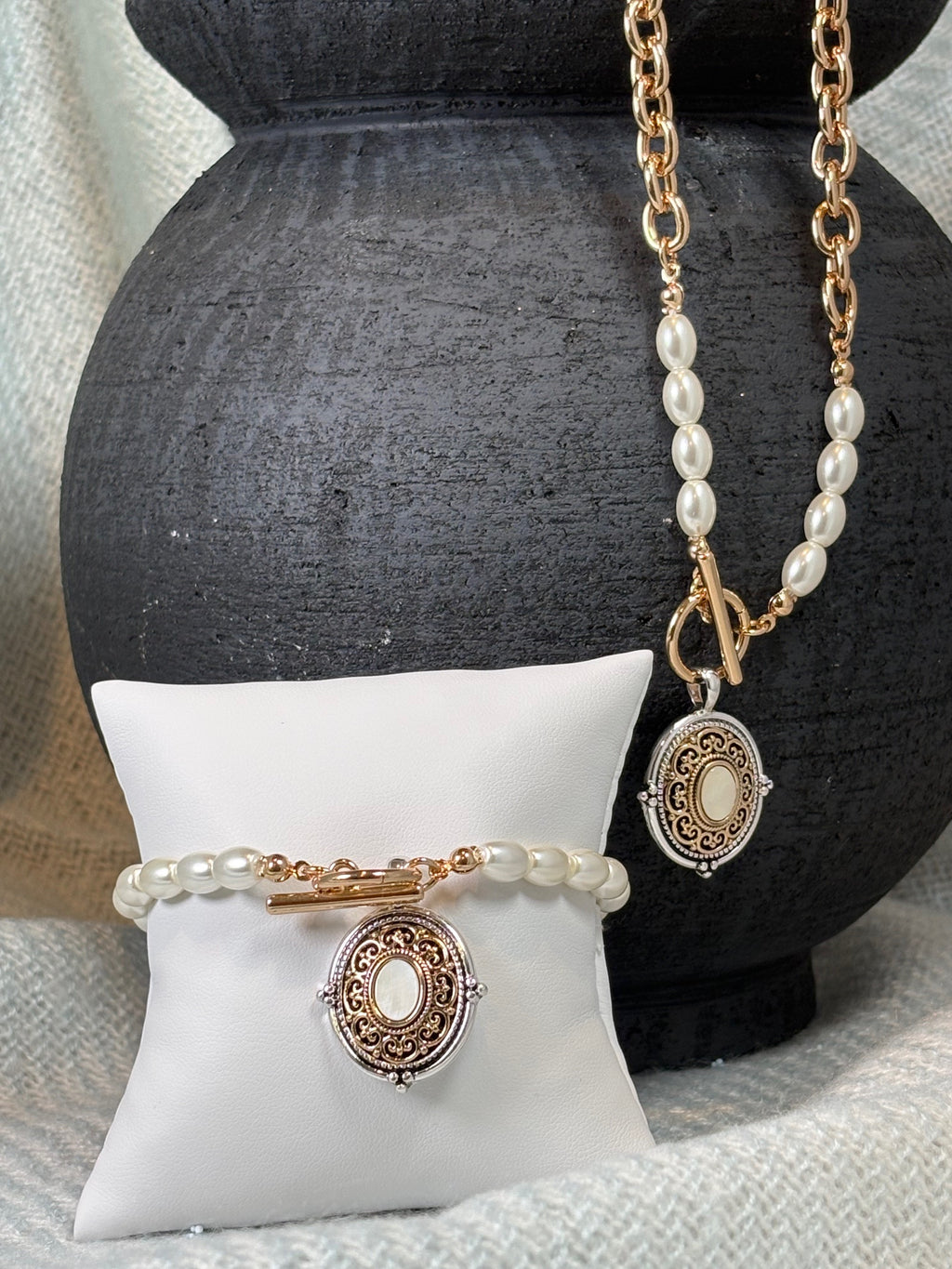 Designer Inspired Medallion with Opal and Pearl Necklace