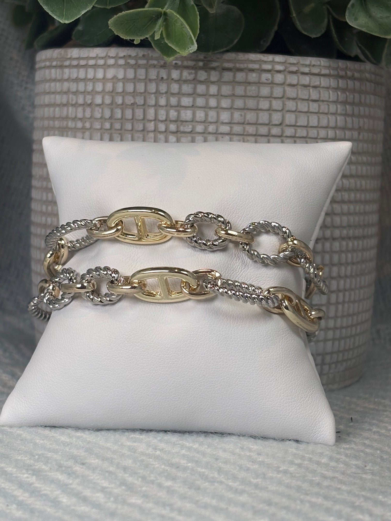 Magnetic Clasp Gold Mariner Link with Silver Accent Links Double Strand Bracelet