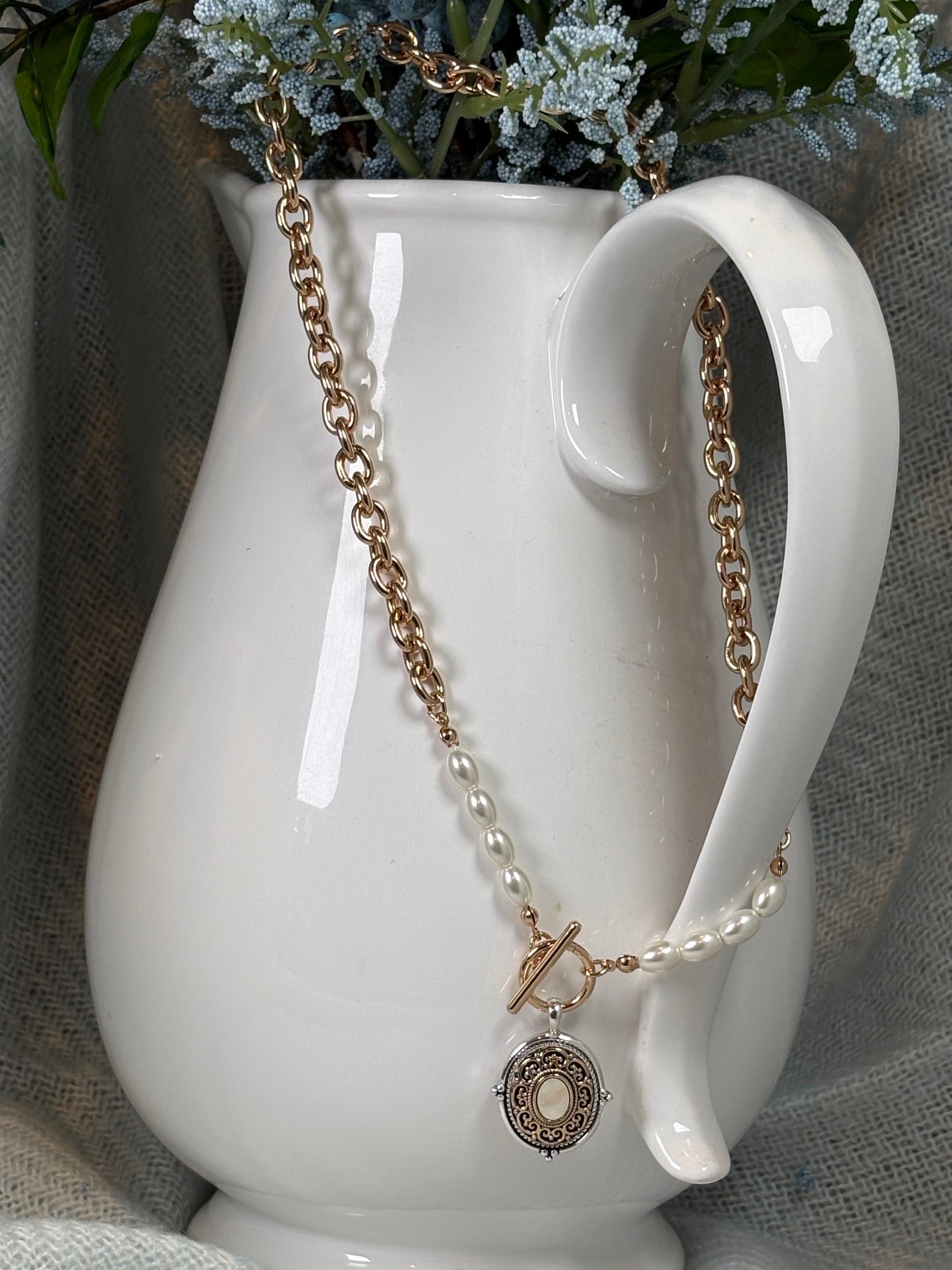 Designer Inspired Medallion with Opal and Pearl Necklace