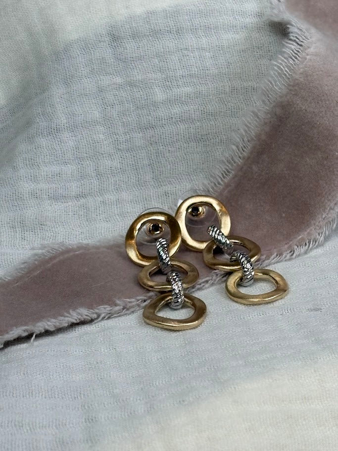 Brushed Gold and Silver Tri-Oval Dangle Earrings