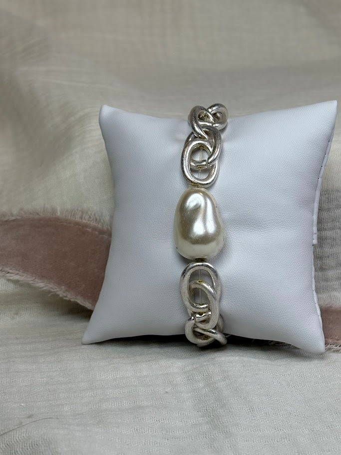 Silver Link Chain Stretchy Bracelet with Pearl