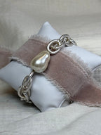 Silver Link Chain Stretchy Bracelet with Pearl