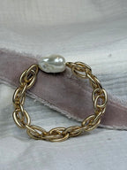 Gold Link Chain Stretchy Bracelet with Pearl